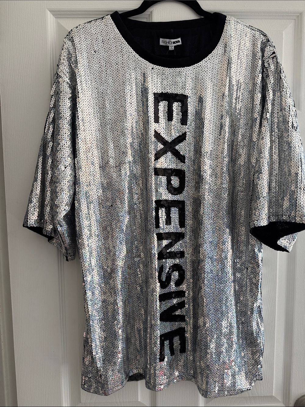 Fashion Nova Silver Sequin 'EXPENSIVE' Short Sleeve Tee